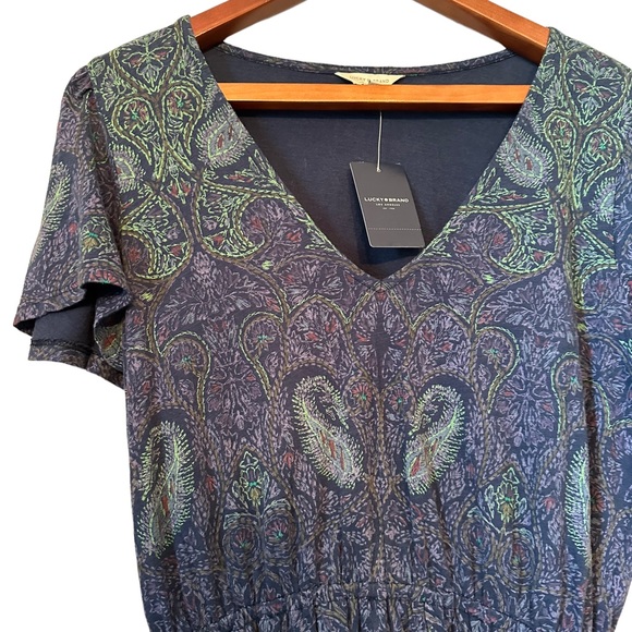 Lucky Brand Paisley Floral Blue Short Sleeve Top - Picture 2 of 13